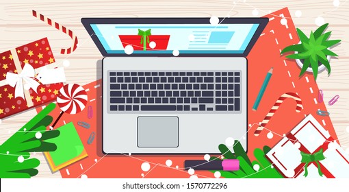laptop on workplace desk christmas holidays celebration concept top angle view horizontal vector illustration