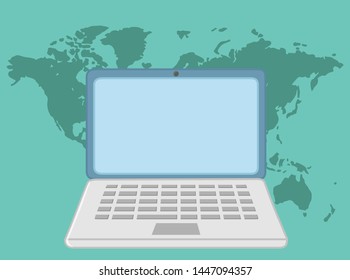 Laptop on world map background. Vector illustration