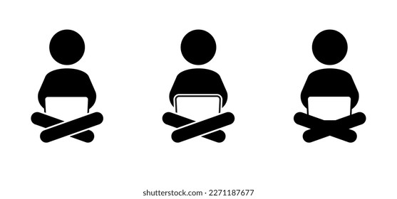 Laptop on your lap. Sitting, relax working on a computer. Stickman, stick figure man sitting with legs crossed and fitness workout. lotus position silhouette. 