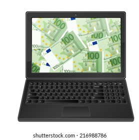 Laptop with one hundred euro banknotes on a white background.