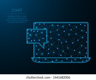 Laptop and one message poly design, chatting in Internet abstract geometric image, chat box and computer wireframe mesh polygonal vector illustration made from points and lines on dark blue background