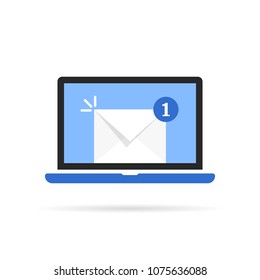 laptop with one unread message. concept of 1 new letter for customer like verification e-mail and campaign news letter. cartoon trend modern simple subscription logo graphic design isolated on white