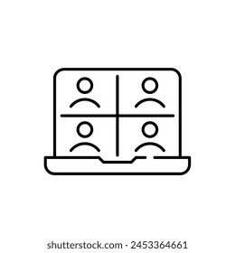 Laptop with ongoing group video call. Several avatars. Online work conference. Pixel perfect vector icon