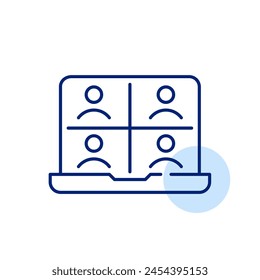 Laptop with ongoing group video call. Several avatars. Online work conference. Pixel perfect, editable stroke icon