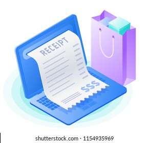The laptop, online bill payment, shopping bag. Flat vector isometric illustration. The internet store, online shop, web buying and paying, paper receipt bill, purchase with computer business concept. The laptop, online bill payment, shopping bag. Flat vector isometric illustration. The internet store, online shop, web buying and paying, paper receipt bill, purchase with computer business concept.