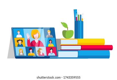 Ein Laptop mit einem Online-Chat mit der Klasse befindet sich neben einem Stapel Bücher. Vector Illustration zum Thema E-Education.