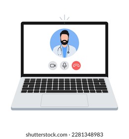 Laptop with online doctor consultation on screen. Concept of online medicine. Male bearded doctor on screen. Vector illustration.