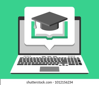 Laptop and online education icon on its screen in pop-up bubble. Vector illustration in flat design style