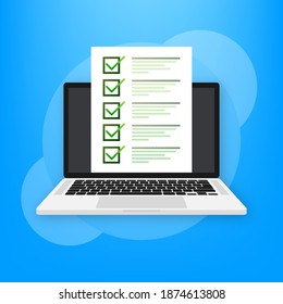 Laptop with online exam on green background. Vector illustration.