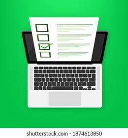 Laptop with online exam on green background. Vector illustration.