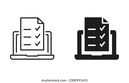 Laptop with Online Form Survey Silhouette and Line Icon Set. Online Exam, Taking Tests, Questionnaires, Checklist on Device Screen. Online Education and Elearning Signs. Isolated Vector Illustration.