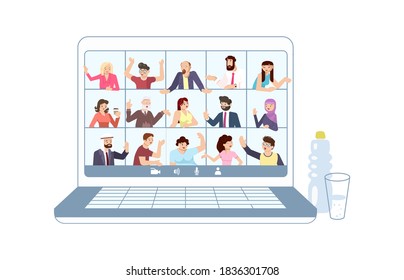 Laptop with online meeting. Different People taking part in video conference on distance.  Flat Art Vector Illustration