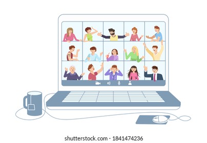 Laptop with online meeting. Different People taking part in video conference on distance. Flat Art Vector Illustration