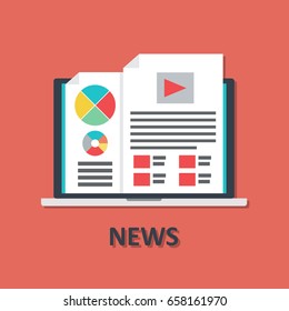 Laptop online news icon in flat style. Vector icon design