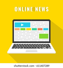 Laptop with online news on the screen. Flat vector illustration.