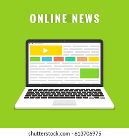 Laptop with online news on the screen. Flat vector illustration.