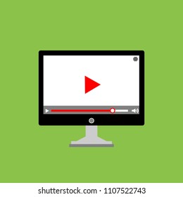 Laptop with online player on the screen. Video tutorials, study and learning concept. Vector flat illustration.