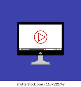 Laptop with online player on the screen. Video tutorials, study and learning concept. Vector flat illustration.