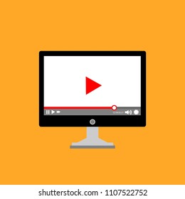 Laptop with online player on the screen. Video tutorials, study and learning concept. Vector flat illustration.