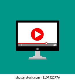 Laptop with online player on the screen. Video tutorials, study and learning concept. Vector flat illustration.