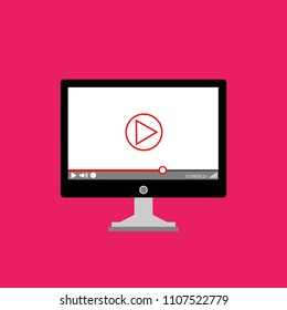 Laptop with online player on the screen. Video tutorials, study and learning concept. Vector flat illustration.