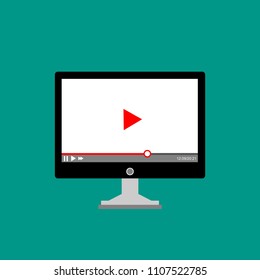 Laptop with online player on the screen. Video tutorials, study and learning concept. Vector flat illustration.