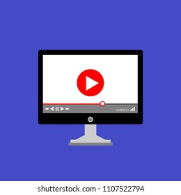 Laptop with online player on the screen. Video tutorials, study and learning concept. Vector flat illustration.