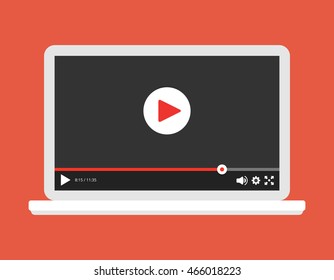 Laptop with online player on the screen. Video tutorials, study and learning concept. Vector flat illustration.