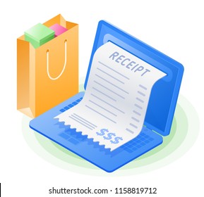 The laptop, online receipt bill, shopping bag. Flat vector isometric illustration. The online shop, web store, internet buying and paying, mobile payment, purchase with computer business concept.