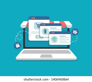 laptop and online shopping on the screen