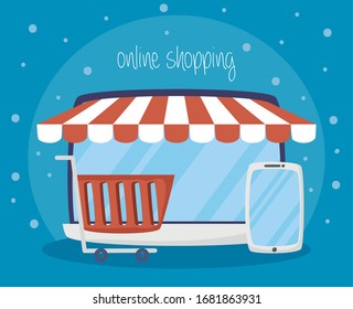 portátil con tecnología de compra en línea diseño de ilustración vectorial