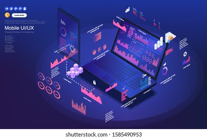 Laptop with online statistics, investment finance and trading. Market of financial schemes and investment. Scheme for running successful business