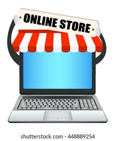 laptop with online store banner