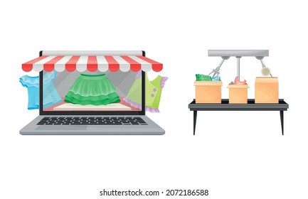 Laptop with Online Store and Package Batching as Shopping Logistics and Order Delivery Vector Set