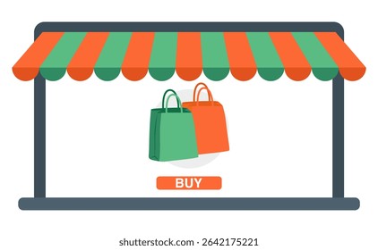 Laptop Online Store with Shopping Bag. E-Commerce Website Interface on Laptop. Online Shop Display on Laptop with Tote Bag
