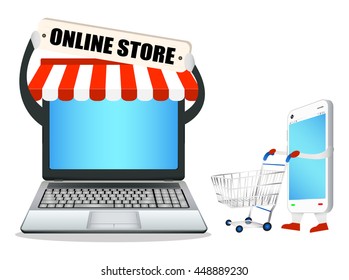 laptop online store with smart phone and shopping cart