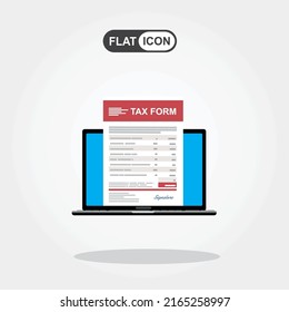 Laptop With Online Tax Form. Online Digital Invoice Laptop Or Notebook With Bills, Flat Design Illustration.