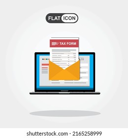 Laptop With Online Tax Form. Online Digital Invoice Laptop Or Notebook With Bills, Flat Design Illustration.