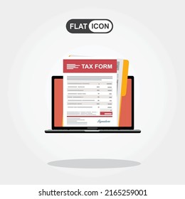 Laptop With Online Tax Form. Online Digital Invoice Laptop Or Notebook With Bills, Flat Design Illustration.