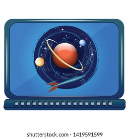 Laptop - on-screen Icon round - Space, rocket, planet, satellites - isolated on white background - vector.