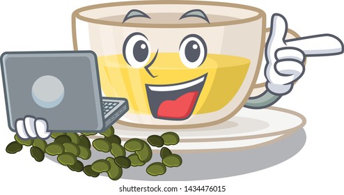 With laptop oolong tea poured in character cup