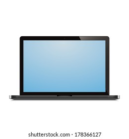 laptop open blue screen white background