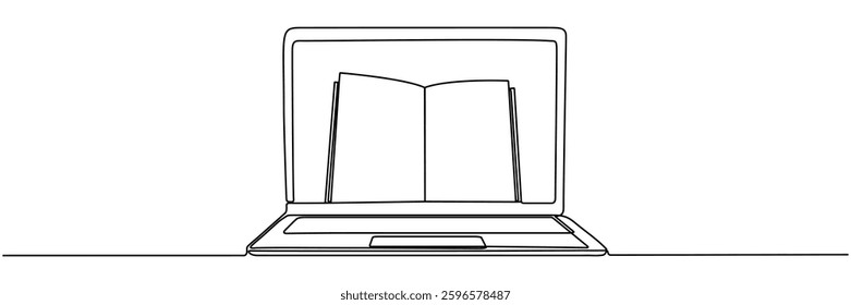 Laptop with open book continuous line drawing. Online education concept. Vector illustration isolated on white.