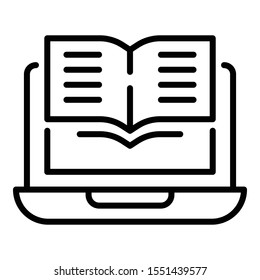 Laptop and open book icon. Outline laptop and open book vector icon for web design isolated on white background