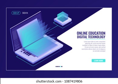 laptop with open book, learning online education concept, electron library, information searching isometric vector