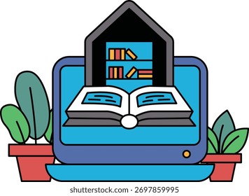 Una laptop con un libro abierto. El libro está en un estante y la computadora portátil está en una mesa