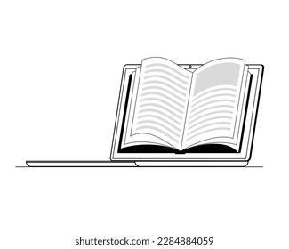 Laptop with an open book on the screen. An illustration in contour style on the topic of e-education.
