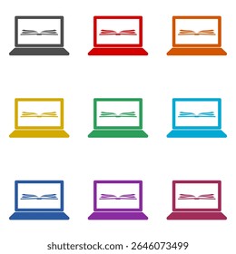 Laptop with open book on screen icon isolated on white background. Set icons colorful