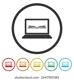 Laptop with open book on screen icon. Set icons in color circle buttons