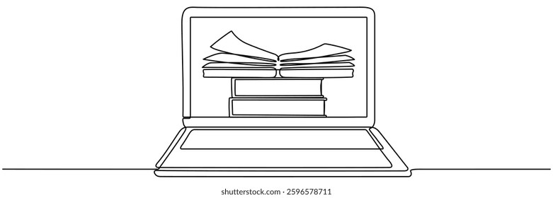 Laptop and open book with stack of books continuous line drawing. Online education concept. Vector illustration isolated on white.